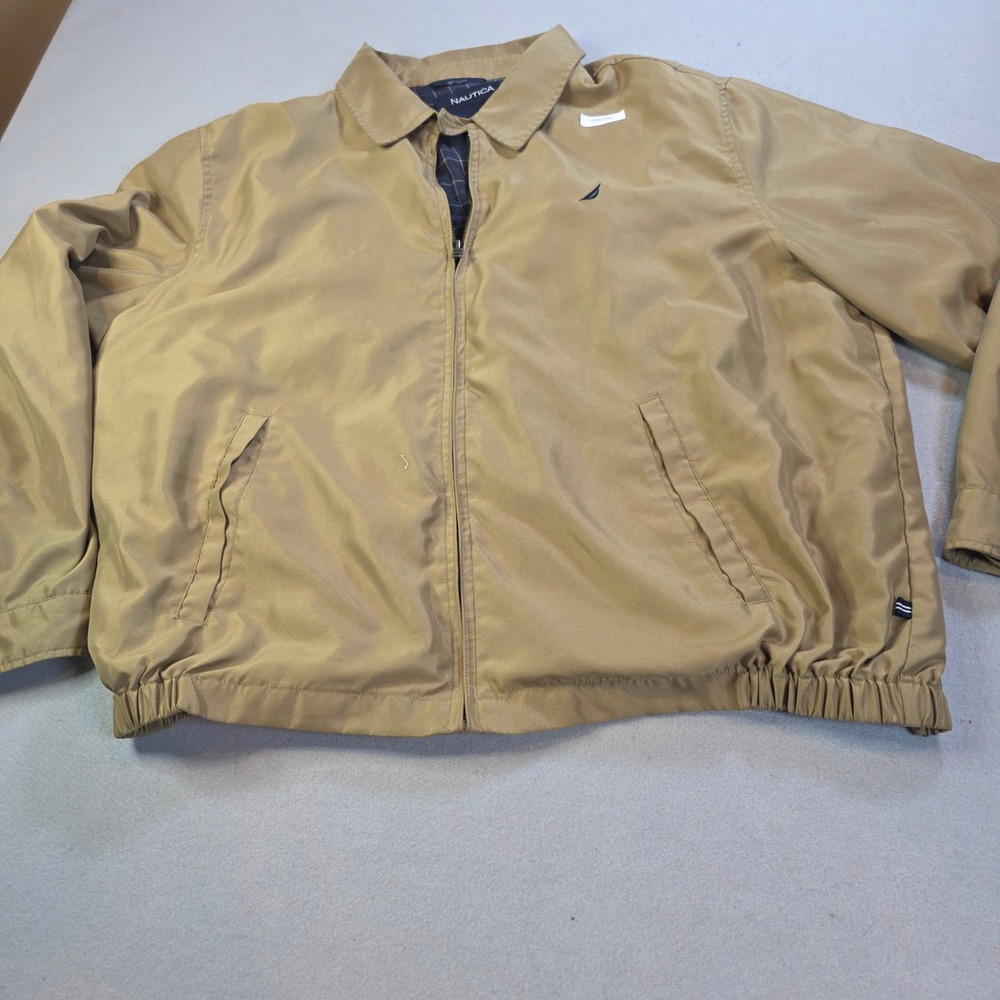 Nautica Mens XL Tan Khaki Harrington Jacket Full Zip Windbreaker Plaid Lined